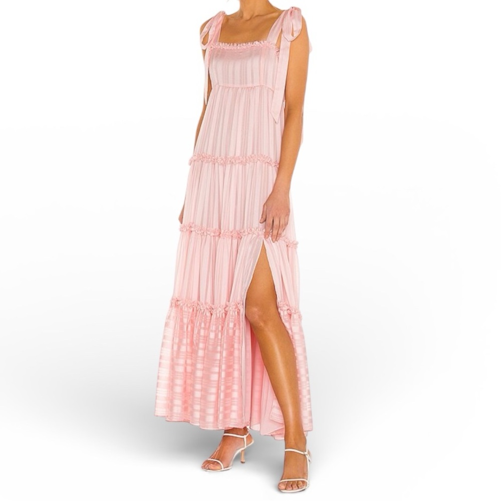 LoveShackFancy Pink Tiered Maxi Dress with Shoulder Ties